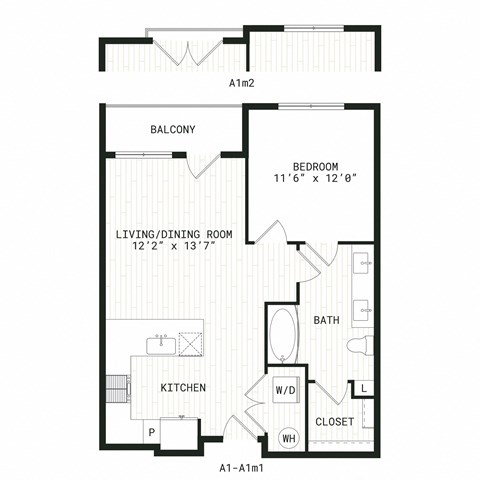 Floor plan for 1 bed, 1 bath, 688 sqft